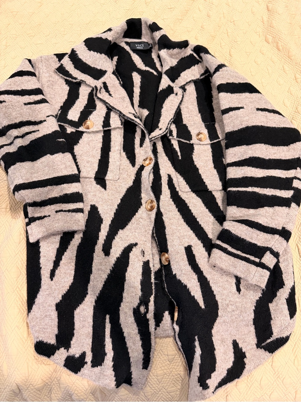Vici Kids Black & Cream Zebra Print Button-Up Sweater Medium